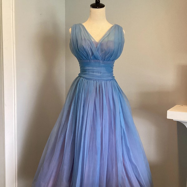 1950s Carol Gowns Blue Lavender Periwinkle Chiffon dress with belt