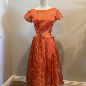 Vintage 1950s/60s Orange Embroidered dress; full skirt