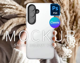 Samsung S25 Case Mockup, Printify Tough Case Mockup, PSD Mockup, Canva Phone Mockup, Mockup for Samsung, Smart Object Layer, Person Mockup