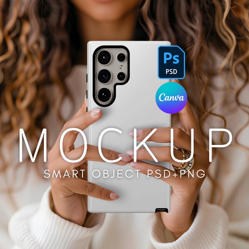 May include: A white smartphone case mockup with a black camera lens and a black border. The case is being held by a person's hands. The text "MOCKUP" is written in black letters below the case. The text "SMART OBJECT PSD+PNG" is written in black letters below the text "MOCKUP".