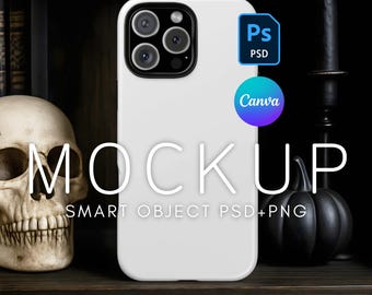 iPhone 16 Pro Max Phone Case Mockup, Realistic Printify Tough Case, PSD Mockup, Canva Phone Mockup, Spooky Halloween Phone Case Mockup