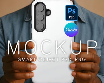 Samsung S25 Case Mockup, Printify Tough Case Mockup, PSD Mockup, Canva Phone Mockup, Mockup for Samsung, Diverse Male Model Phone Mockup