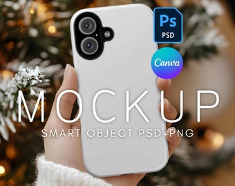 iPhone 16 Case Mockup, Printify Tough Case Mockup, PSD Mockup, Canva Phone Mockup, Mockup for iPhone 16, Holiday Mockup, Smart Object Layer