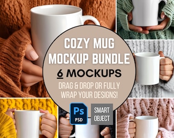 Cozy White Mug Mockup, Mug Mockup Bundle, 11oz Smart Object Layer Mug Mockup, Sweater Mug Mockups