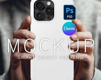 May include: White phone case mockup with a triple camera lens and the text "MOCKUP SMART OBJECT PSD+PNG".