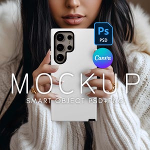 May include: A white phone case mockup with a camera lens cutout. The case is being held by a person wearing a white sweater. The text "MOCKUP SMART OBJECT PSD+PNG" is visible below the case.