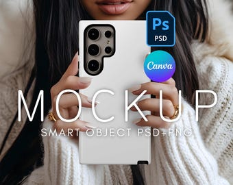 Samsung S24 Ultra Case Mockup Printify Tough Case, PSD Smart Object Layer, Canva Template, Minimalistic Clean Mockup, Person Phone Mockup