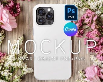 iPhone 15 Pro Max Mockup Printify Tough Case, PSD Smart Object Layer, Canva Template, Floral iPhone Mockup, Phone Case Editable