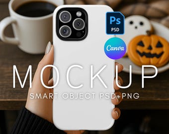 iPhone 16 Pro Max Phone Case Mockup, Realistic Printify Tough Case, PSD Mockup, Canva Phone Mockup, Spooky Halloween Phone Case Mockup