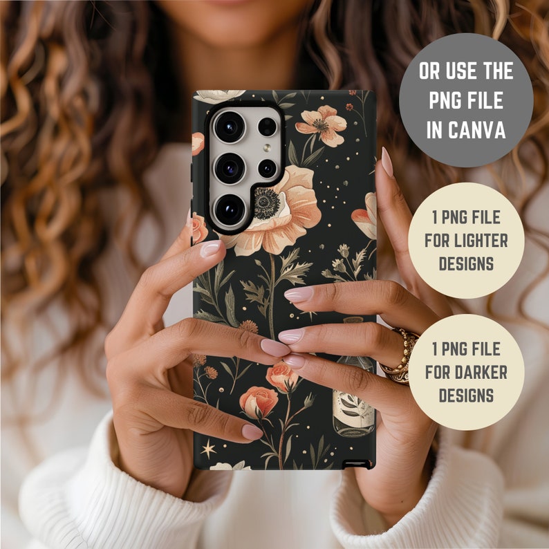 May include: A black phone case with a floral design featuring pink, white, and yellow flowers on a dark background. The case has a camera cutout and a black border. The text "OR USE THE PNG FILE IN CANVA" is visible in the image. The text "1 PNG FILE FOR LIGHTER DESIGNS" and "1 PNG FILE FOR DARKER DESIGNS" is also visible in the image.