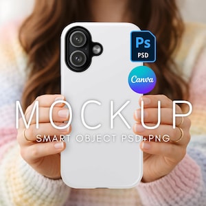 May include: White phone case mockup with the word "MOCKUP" in large, white letters. The case has a dual-lens camera and is held up by a person. The text "SMART OBJECT PSD+PNG" is below the word "MOCKUP".