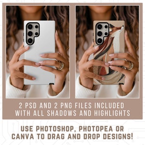 May include: Two phone cases, one white and one with a colorful fox illustration. Both cases are being held by a person's hands. The text on the image reads "2 PSD and 2 PNG files included with all shadows and highlights. Use Photoshop, Photopea or Canva to drag and drop designs!"