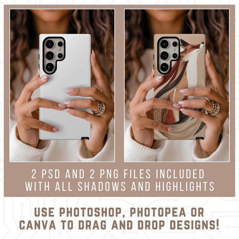 May include: Two phone cases, one white and one with a colorful fox illustration. Both cases are being held by a person's hands. The text on the image reads "2 PSD and 2 PNG files included with all shadows and highlights. Use Photoshop, Photopea or Canva to drag and drop designs!"
