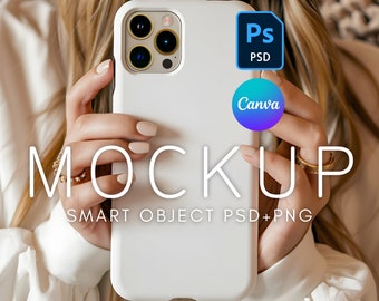 May include: White iPhone mockup with a camera lens and a white case. The phone is being held by a person's hands. The text "MOCKUP" is written in white letters on a black background. The text "SMART OBJECT PSD+PNG" is written in white letters on a black background.