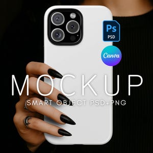 May include: White phone case mockup with a black camera module. The word "MOCKUP" is displayed in white, along with "(SMART OBJECT PSD+PNG)". A blue PSD icon and a Canva logo are also visible.