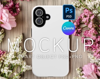 iPhone 16 Case Mockup, Printify Tough Case Mockup, PSD Mockup, Canva Phone Mockup, Mockup iPhone 16, Floral Phone Mockup, Smart Object Layer