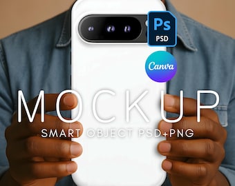 Google Pixel 9 Pro Case Mockup, Phone Case Template, PSD Mockup, Canva Phone Mockup, Photoshop Phone Mockup, Diverse Male Model Phone Mockup