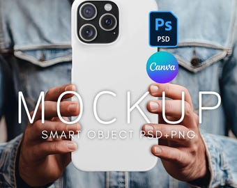 May include: A white iPhone mockup with a camera lens and a black text overlay that says "MOCKUP SMART OBJECT PSD+PNG". The phone is being held by a person wearing a blue denim jacket.