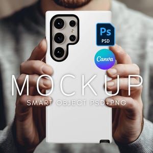 Samsung S24 Ultra Case Mockup, Realistische Printify Tough Case, PSD Mockup, Canva Phone Mockup, Male Model Phone Mockup, Smart Objekt Layer
