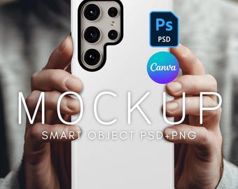Samsung S24 Ultra Case Mockup, Realistic Printify Tough Case, PSD Mockup, Canva Phone Mockup, Male Model Phone Mockup, Smart Object Layer