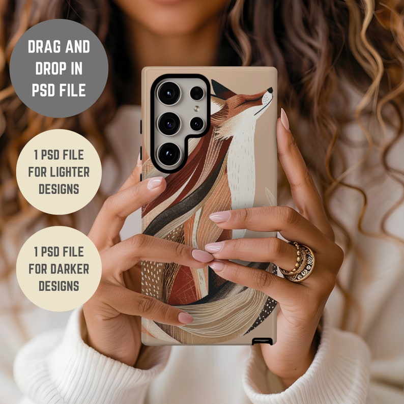 May include: A phone case with a colorful abstract design featuring a fox. The case is designed for a Samsung Galaxy S22 Ultra.