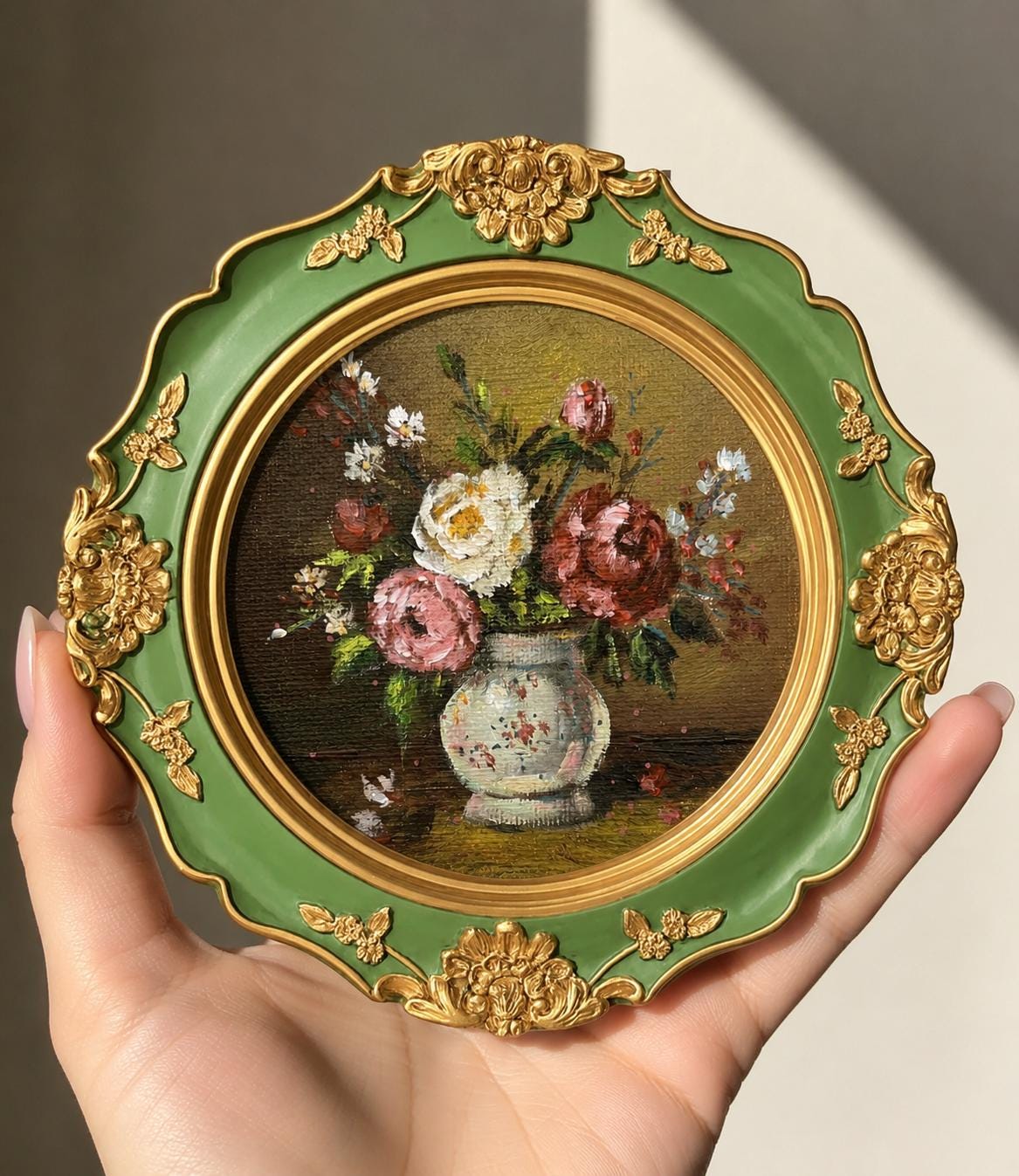 アンティーク】フラワー 油彩画 オーバル Vintage Oval Floral Oil