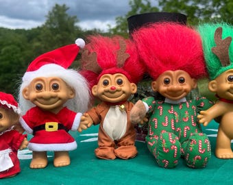 Vintage 1990’s Russ Holiday Christmas Trolls Rudolph the Reindeer, Santa, Mrs. Claus, Candy Cane Soft Body 80’s 90’s kids troll dolls