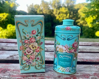 Avon California Perfume Talc Dusting Powder Tin Trailing Arbutus Face Body w original Box 1970s 1978 Vintage Retro Bedroom Bathroom decor