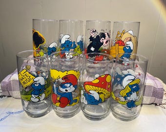 1980’s Vintage Peyo Original Smurfs 1983 Hardees Collector Glasses Tumblers Hefty Grouchy Jokey Brainy Smurfette Lazy Papa Gargamel Smurf