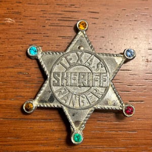 Vintage Cop Policeman Sheriff Texas Ranger Badge Silver Multi Color Stones Gems Pin Button Star Retro Dress Up Play Nostalgia Toy Collector