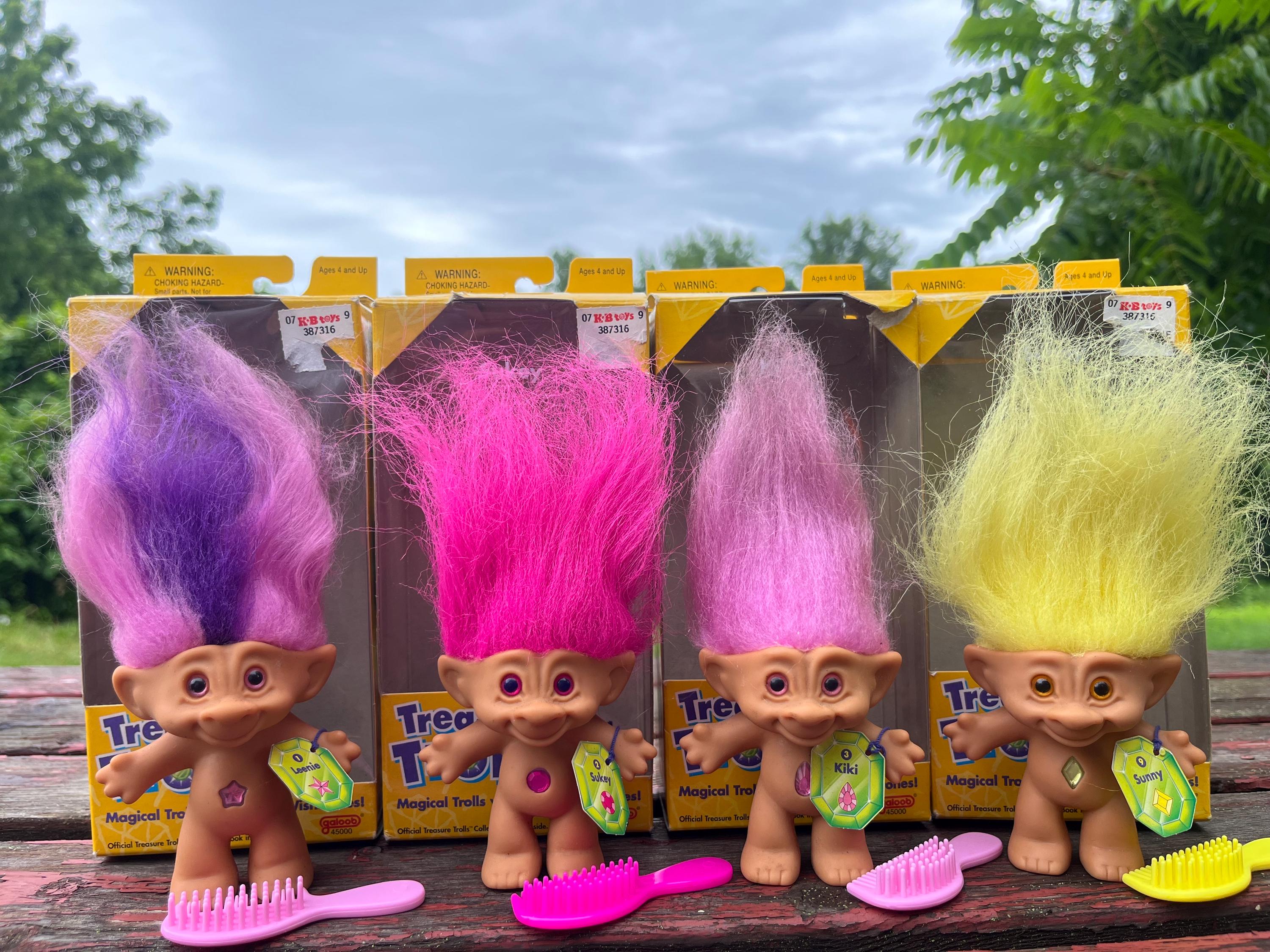Vintage 1995 Treasure Trolls w/ original box! #1 2 3 & 9 Wish stone belly gem jewel troll dolls 80’s 90’s kid nostalgia collectible gift