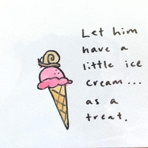 Déjale un helado como premio / Ilustración divertida de 4"x4" de un caracol y un helado / Mini arte en acuarela y tinta