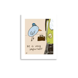 Impresión artística de dibujos animados de pájaros divertidos / Cómic de empresario de pájaros azules de dibujos animados / Ilustración infantil / Arte de pared alegre para el hogar o regalo