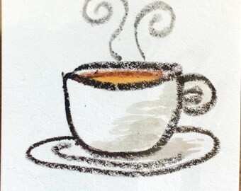 Mini Coffee Painting | Watercolor Crayon Mixed Media, Kitchen Art (2"x2")