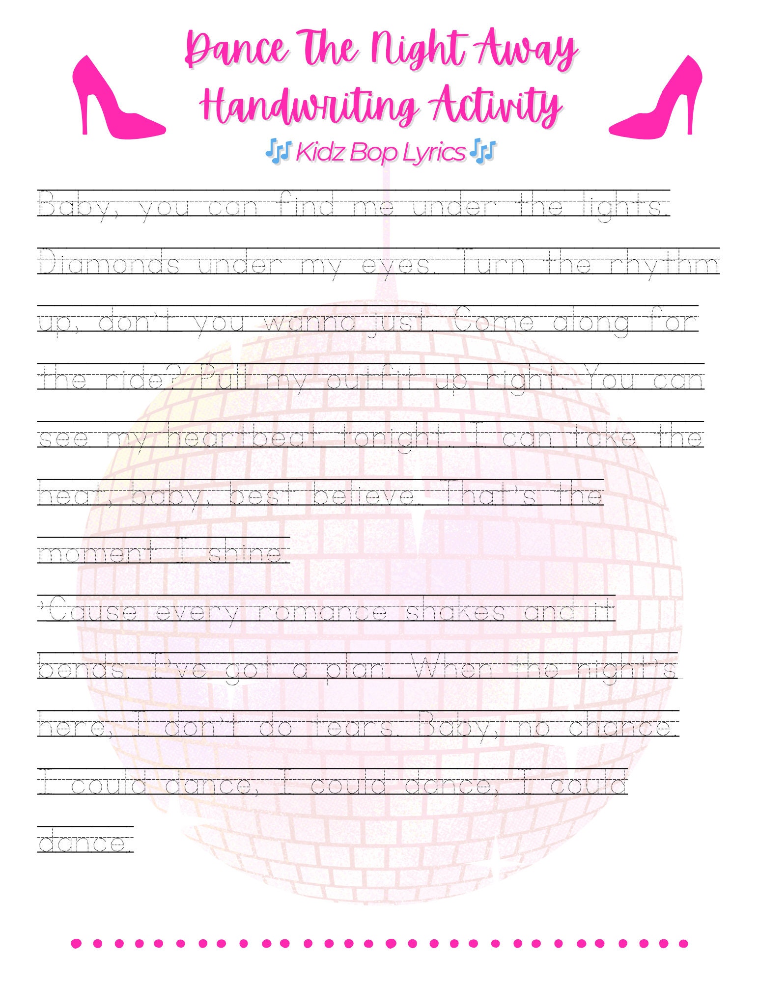 Barbie's Dance the Night Away Handwriting Activity (kidz Bop Lyrics) - Etsy
