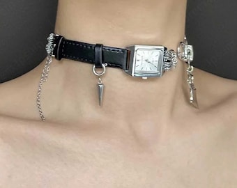 Watch Choker Necklace, Y2K Watch Necklace, Cyberpunk Watch Necklace, Quartz Watch, Art Style Clock Necklace, Birthday Gift Wedding Gift