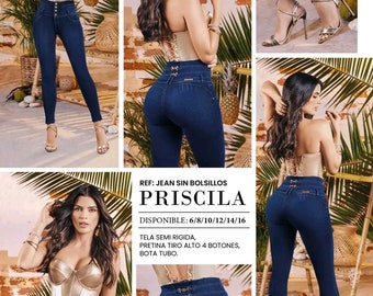 Blaue Jeans mit hoher Taille und Push-Up-Taschen – Ref – PRISCILA