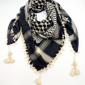 Keffiyeh Palestinian Scarf Style,Traditional Shemagh with Tassels Limited Edition, Cotton Arafat Even Arab Style Men's and Women's Headscarf
