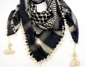 Keffiyeh Palestinian Scarf Style,Traditional Shemagh with Tassels Limited Edition, Cotton Arafat Even Arab Style Men&#39;s and Women&#39;s Headscarf