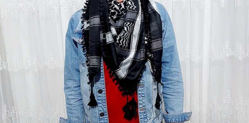 Tasseled Palestinian Keffiyeh, Palestinian scarf, Palestinian kufiya, Palestine keffiyeh, Tassel Keffiyeh, men women shemagh zdjęcie 6