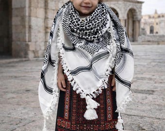 Woven Palestinian Keffiyeh - Black and White Cotton Scarf (125x125cm)