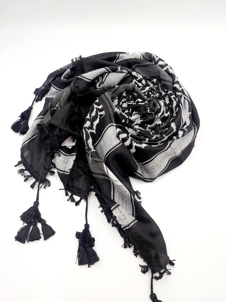 Tasseled Palestinian Keffiyeh, Palestinian scarf, Palestinian kufiya, Palestine keffiyeh, Tassel Keffiyeh, men women shemagh zdjęcie 5