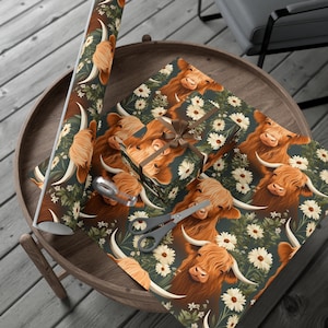 Floral Highland Cow Wrapping Paper, Cow Lovers Gift Wrap, Cattle Themed Wrapping Paper, Highland Cow Scrapbook paper, Highland Cow Gifts
