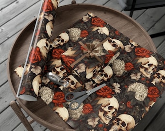 Papel de regalo con calaveras florales, papel de regalo botánico de bruja