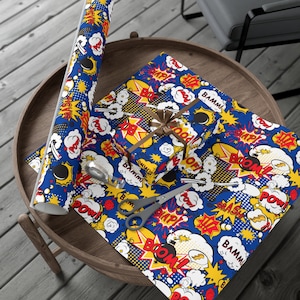 Papel de embrulho com tema de quadrinhos fofo, embrulho de presente de aniversário infantil, presente para ele, embrulho de presente de dia dos pais, presente de aniversário super infantil
