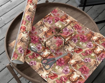 Inpakpapier Highland Cow met bloemen, cadeaupapier vee