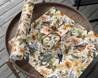Papel de embrulho floral com pássaros, estilo campestre de primavera.