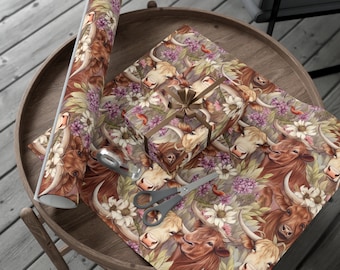 Inpakpapier met bloemen Highland Cow, cadeaupapier vee