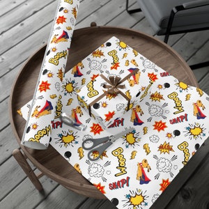 Cute Comic Themed Wrapping Paper, Kids Birthday Gift Wrap, Gift for him, Fathers Day Gift Wrap, Super Kid Birthday Gift