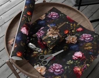 Dark Academia Floral Wrapping Paper, Botanical Gift Wrap